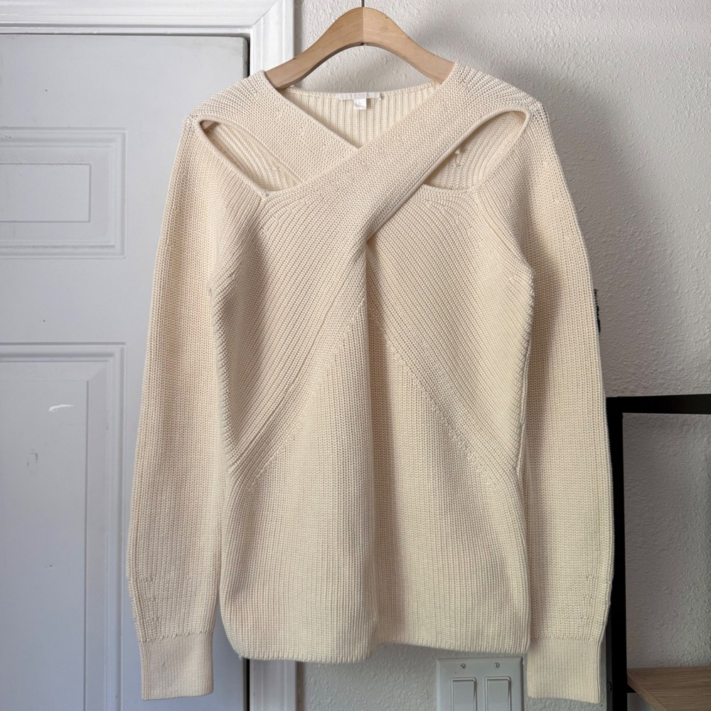 COS cream ivory chunky cotton cutout twist neck long sleeve pullover sweater